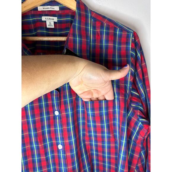 LL Bean Button Down Plaid Shirt Size XL Red Green Blue Wrinkle Free Long Sleeve - Picture 3 of 8